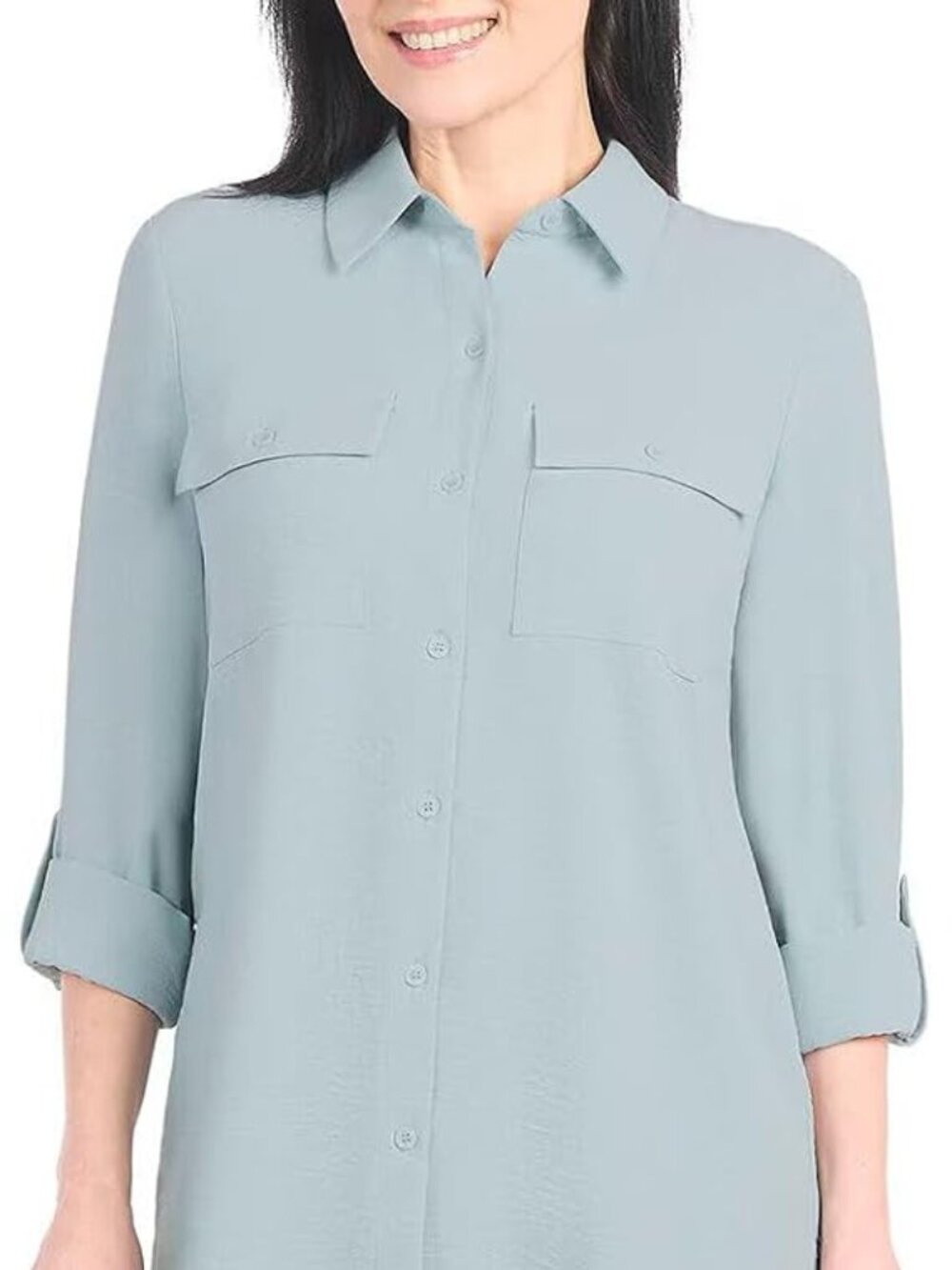 Hilary Radley Women's Roll Tab Sleeve Button Down Crinkle Top W/Chest Pockets S